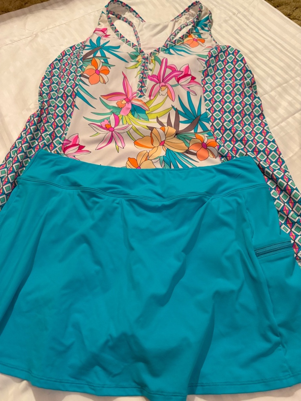 Beach House Turquoise and White Swim Top with Geometric Accent - Picture 12 of 14